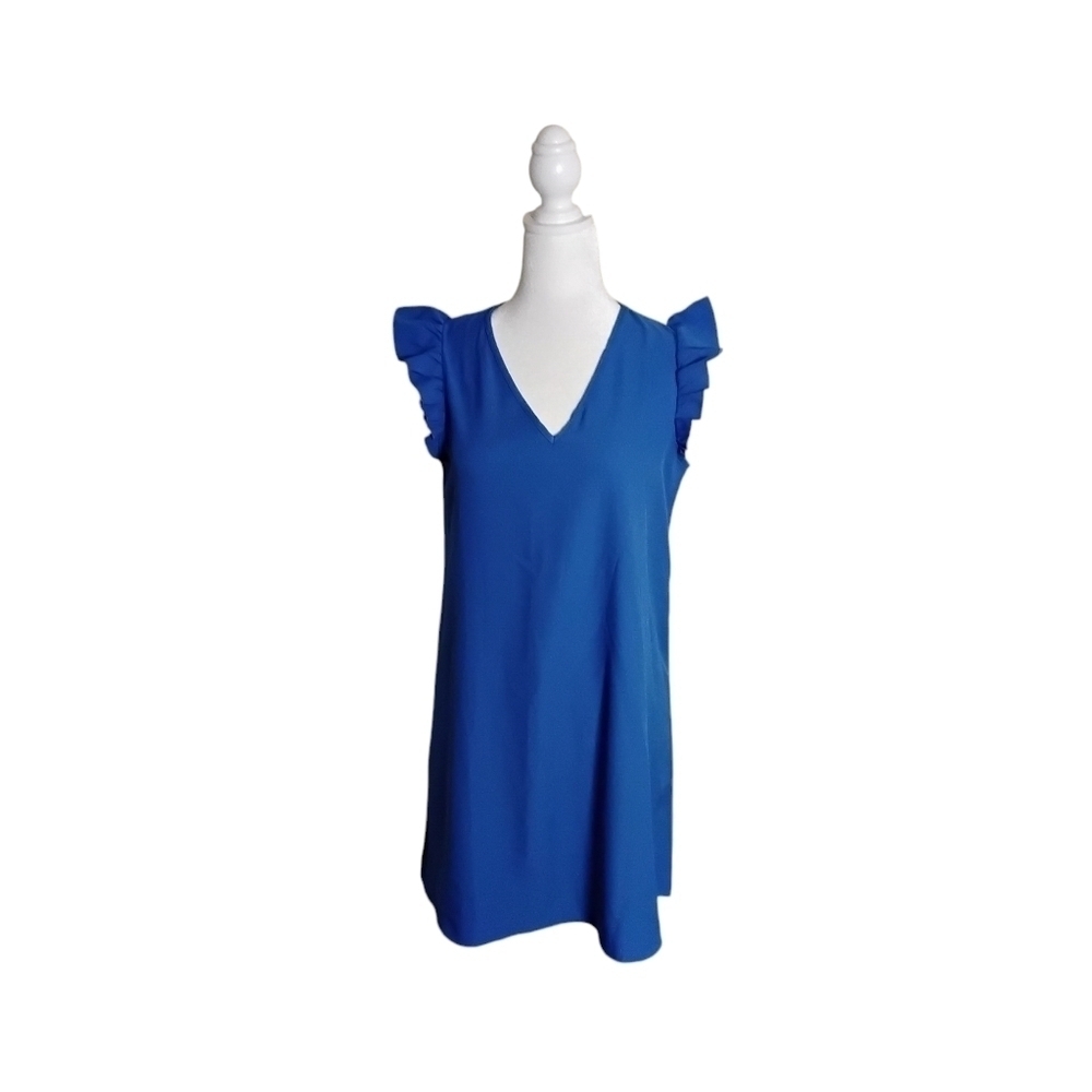 Floerns Women's Blue V-Neck Ruffle Trim Cap Sleeve Flowy Tunic Dress Size S